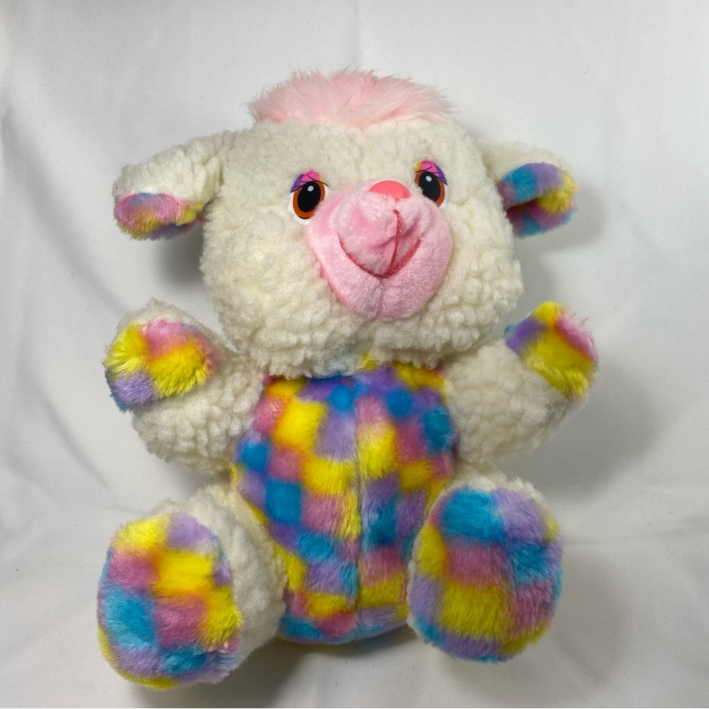 Vintage House Of Lloyd Plush Lamb Pink Rainbow Checkered 1980's Rare 11 inch